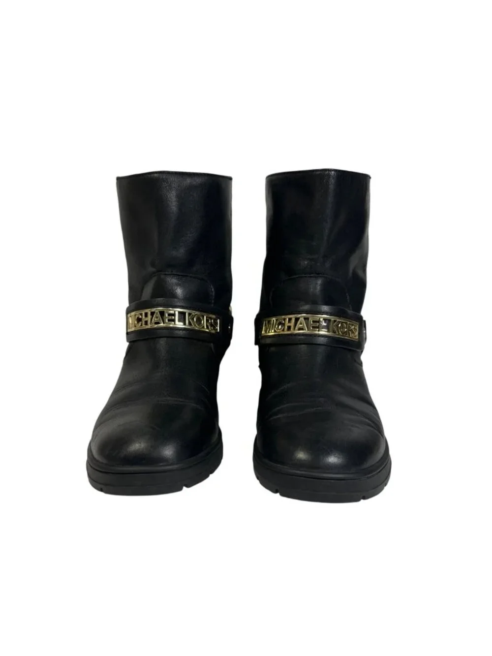 MICHAEL KORS ESSEX ICONIC BLACK GOLD LOGO MOTO BIKER BOOTS Size 7M - Picture 2 of 13